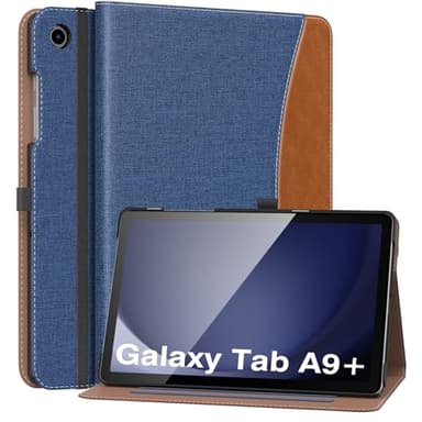 MoKo Funda para Samsung Galaxy Tab A9 Plus 11 Pulgadas 2023, Carcasa Cuero PU Premium con Soporte Múltiples Ángulos, Correa de Mano y Bolsillo Frontal Auto Activación/Reposo, Denim Azul Marrón