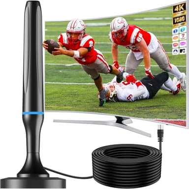 Antena TV Interior - Antena TV Portatil con Base Magnética Fuerte, Alcance de 80 KM, Compatible con 4K 1080P, Cable Coaxial de 3M, para Freeview y Canales Locales - Azul