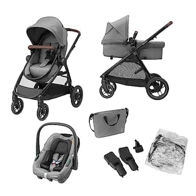Maxi-Cosi Zelia S Trio Cochecito Bebe 3 Piezas, 0 - 4 Años, hasta 22 kg, Plegable, Compacto y Reclinable Silla de Paseo, con CabrioFix S i-Size Silla Coche Bebe, Accesorios, Bolso Cambiador, Gris