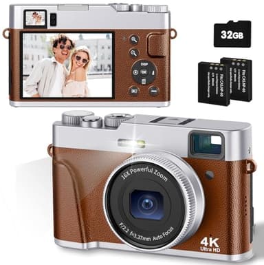 CAMKORY Camara de Fotos Digital 4K 48MP Autofoco Tarjeta 32G Visor Optico Cámara Digital Compacta Fácil de Usar Zoom 16x Flash Estabilización Imagen Ligero para Principiante 2 Baterías Negro