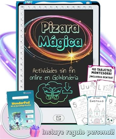 GoWonderia - WonderPad - Pizarra Mágica Infantil 8,5” con 40 Tarjetas Montessori – Tableta de Escritura STEAM – Juguete Educativo con Recursos Sin Fin – Regalo para Niños de 4 a 10 Años – Casa y Viaje