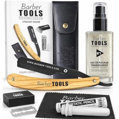 Kit de Afeitado Hombre Completo – Navaja de Barbero con Cuchillas Intercambiables, Gel de Afeitado Transparente, Piedra de Alumbre, Paño y Estuche de Almacenamiento – BARBER TOOLS
