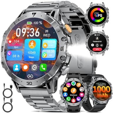 1000mAh Batería Reloj Inteligente Hombre, 1.7'' Smartwatch Hombres con Llamadas Bluetooth,Militar LED Linterna,100+ Modos Deportivos,Reloj de Fitness, Pulsómetro,Monitor de Sueño,IP68 para Android iOS