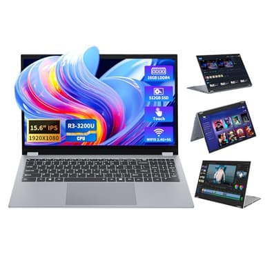 Ordenador Portátil 2 en 1 de 15,6", PC Portatil 16GB RAM 512 GB SSD, Ryzen 3-3200U CPU, Tarjeta Gráfica Radeon, Laptop Pantalla Táctil Giratoria de 360°, Wi-Fi 5, BT5.1, RJ45, HDMI, Type-C-Funciones