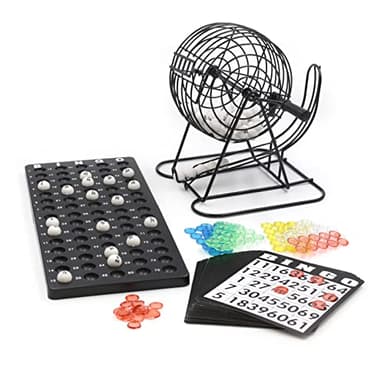 Bingo Juego de tambor de metal 18 boletos de bingo 75 bolas de bingo 150 fichas tablero de juego negro adultos niños Basic (2026)