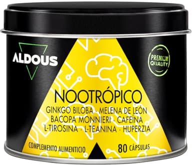 Nootrópico Potente Natural - 80 Cápsulas de 800 mg - Memoria, Concentración, Energía - Ginkgo Biloba, Melena de Leon, Cafeina, Bacopa Monnieri, Tirosina, Teanina, Huperzia - ALDOUS