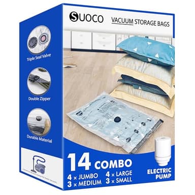 SUOCO Bolsas al Vacío Ropa, Juego de 14 Bolsas (4J + 4L + 3M + 3S) con Bomba Eléctrica, Bolsas de Almacenaje al Vacío para Ropa y Edredones, Viaje y Hogar, Resistente y Reutilizable