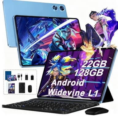 Tablet Android 10 Pulgadas con Octa-Core 2.0GHz, 22GB RAM + 128GB ROM（Expandible 2TB) , 8000mAh, 5MP+8MP, 5G WiFi, Bluetooth 5.0, Cámara Dual, GMS Certificación Widevine L1 con Teclado y Raton - Azul