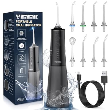 Irrigador Bucal Portatil, Vimmk Irrigador Dental Inalámbrico Profesional 8 Boquillas 5 Modos, IPX7 Impermeable 300ML USB-C Recargable Para Limpieza Dientes, Para el Hogar y los Viajes (Negro)