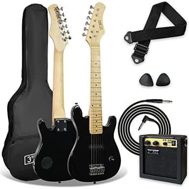 3rd Avenue Pack de guitarra eléctrica de tamaño 1/4 para niños principiantes de 3rd Avenue, amplificador portátil de 5 W, cable, funda de transporte, púas y correa, Negro