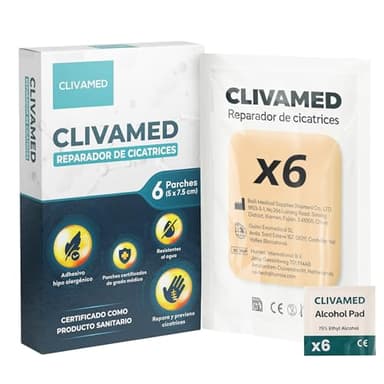 CLIVAMED Parches Cicatrizantes, PACK ECO 6 Parches + 6 Toallitas Desinfectantes, Producto con Certificación Sanitaria 2025, Adhesión Hasta 6 Días por Parche, Previene y Reduce Cicatrices, 7,5x5cm