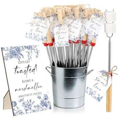 Tioncy S'mores - Juego de 24 recuerdos de fiesta para invitados, incluye palos de S'mores para mesa de hoguera con cuerda, palitos extensibles para asar malvaviscos para regalo de fiesta (azul floral)