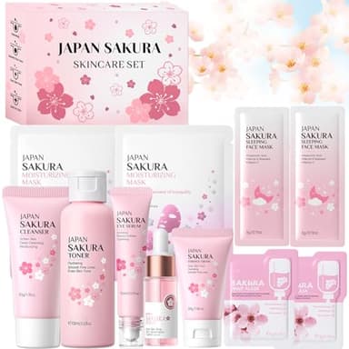 Sakura Set de Cuidado de la Piel 11 Piezas conTónico,Limpiador,Suero,Crema para Ojos,Crema Facial,Kit Sakura Cuidado de la Piel,Set De Cuidado De La Piel Sakura Mujer para Adolescentes y Mujeres