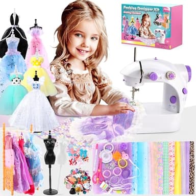 Pllieay Mini Máquina de Coser para Principiantes - Kit de Diseñador de Moda de 240 Piezas con Máquina de Coser Portátil para Niñas, Kit de Creación de Ropa para Muñecas, Juguete Creativo para Niños