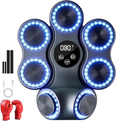 Máquina de Boxeo Música Adulto, 9 Modos de Velocidad Maquina Boxeo Musical Pared con Guantes de Boxeo, LED Luces Maquina de Boxeo Bluetooth y Recuento Inteligente y Luces al Ritmo de la Música