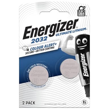 Energizer Pilas CR2032 (Paquete de 2) - Baterías de Botón 3V Litio - La Primera Pila 3 in 1 Child Shield - technología de Alerta de Color - 10 años de Almacenamiento