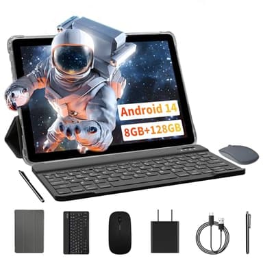 VASOUN Tablet 10 pulgadas, Android Tablet 14 con funda de piel, teclado y ratón, lápiz capacitivo, WiFi de 5 GHz, almacenamiento de 128 GB, 8000 mAh, cámara de 2.0 MP+8.0 MP, GMS Certifild Tablet PC