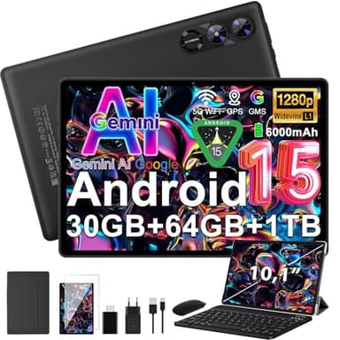 fezawio Android 15 Tablet 10 Pulgadas Gemini AI, Tablet PC Octa-Core, 30 GB RAM + 64 GB ROM (1TB TF), 3.5mm Audio/GMS/WiFi 6 & BT 5.0 / 6000mAh / GPS/Widevine L1, Tableta con Teclado-Negro