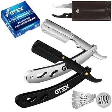 Navaja Afeitar de GTEX - Navaja de Afeitar Hombre Rectas (2 Pack) con 100 GTEX Premium Cuchillas de Afeitar Barbero y Funda de Cuero - Straight Edge Razor Barber