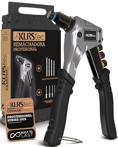 KLRStec® Remachadora manual profesional | pistola remachadora con resistente cuerpo de acero y mango antideslizante de TPU | Juego de remachadora profesional que incluye 120 remaches y 4 brocas HSS