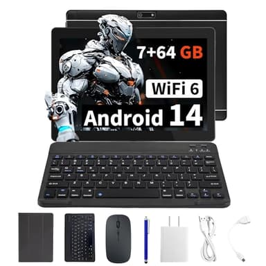 Veidoo Tableta Android portátil 2 en 1 con teclado, mouse y lápiz capacitivo, tableta IPS HD de 10.1 pulgadas con 7 GB de RAM (3 GB + 4 GB) 64 GB ROM ampliable a 512 GB, procesador Octa-Core, WiFi 6