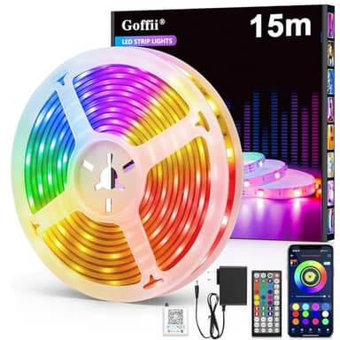 Goffii Tira LED 15 Metros, Luces Led Habitacion RGB Bluetooth Adhesivas con Control Remoto y Inteligente Control de APP, Cambia el Color con la Musica para Decoración de Cocina, Gaming, TV