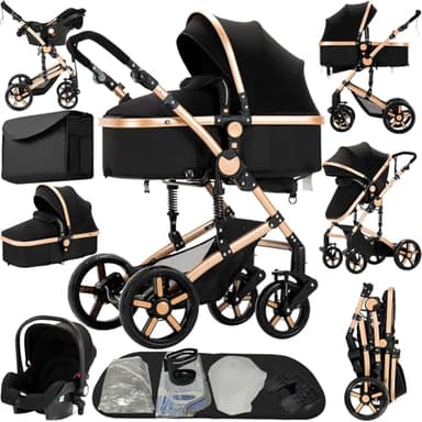 Reenborn Carrito Bebe 3 en 1, Carro Bebe con Dos Modos de Empuje Reversibles, Cochecito Bebe 3 Piezas con Marco de Aluminio, Carricoche Bebe con Diseño Plegable con Un Solo Clic (588 Black Gold)