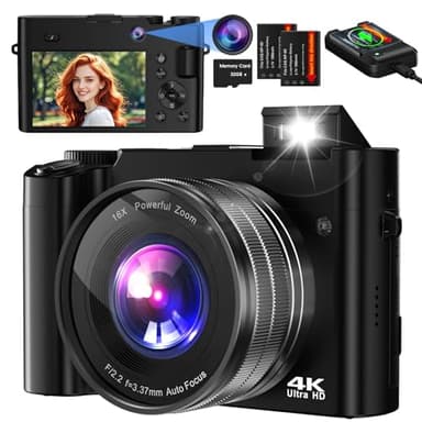Cámara Digital,Bofypoo 64MP Autofocus Cámara de Fotos con Cámaras Dobles Delanteras y Traseras 32G Tarjeta de Memoria, Camara Fotos Digital con Zoom Digital 16X para Principiantes(Negro)