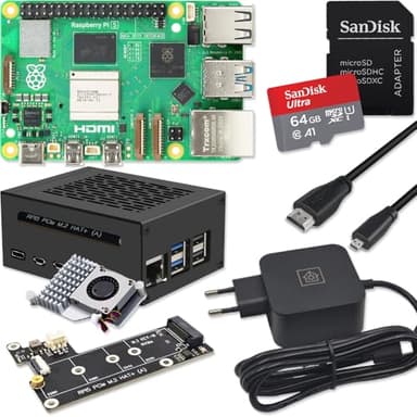Raspberry Pi 5 8 GB PCIe M.2 NVMe – Kit | Carcasa de metal | Active Cooler | M.2 NVMe SSD | Fuente de alimentación USB-C 27 W | Tarjeta SD Ultra 64 GB | Cable Micro HDMI 4K