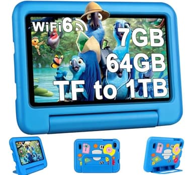 Oangcc 2025 Tablet Niños 7 Pulgadas Android Tablet, 7GB RAM+64GB ROM(TF 1TB), WiFi 6, GMS Certified, BT 5.0, Control Parental/Kids Space/Dual Camera/GPS/Funda para Tableta a Prueba de Niños - Azul