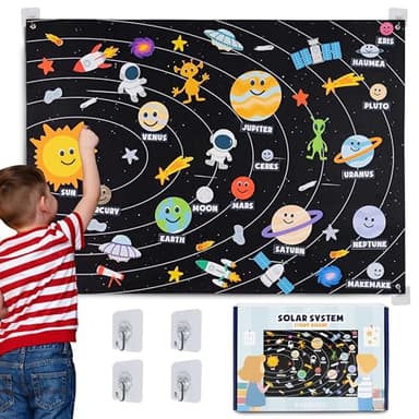 BONNYCO Sistema Solar para Niños con 61 Figuras Fieltro. Planetas Sistema Solar para Niños, Juguetes Montessori 3 4 5 6 7 8 Años. Juegos Educativos, Regalos Infantiles Planetario Cumpleaños Navidad