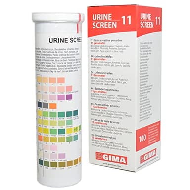 GIMA RAYAS DE ORINA EN BOTELLA - 11 parámetros. Pack de 100 piezas Utilizado por profesionales para pruebas visuales en el control/detección general de afecciones generales de salud.11 parámetros