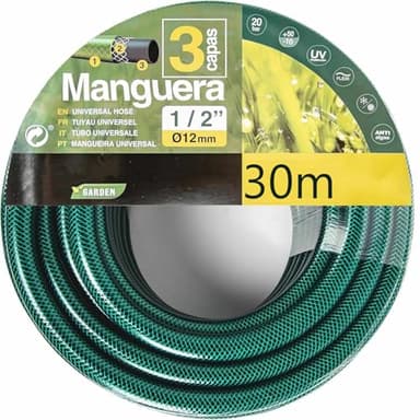 TECHZOCO Manguera de jardín, Manguera de agua elástica y flexible, Fabricada en tela cruzada de poliéster, presión de rotura de 20 bar, 3 Capas, Diámetro 1/2" (12 mm), Verde, Longitud de 30 Metros