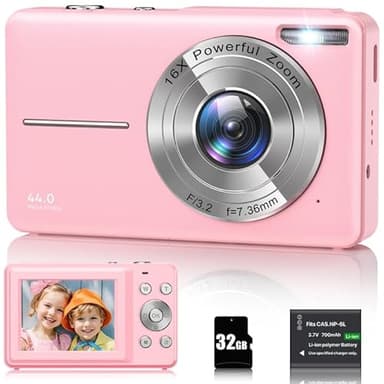 Cámara Digital 1080P Cámara de Fotos 44MP Camara Fotos Digital Cámara Digital Compacta con Zoom Digital 16X, Pantalla LCD de 2,4", Tarjeta de Memoria de 32G, 1 Batería para niños, Adolescentes