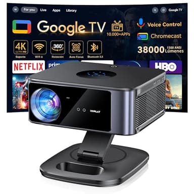 Proyector 4K【1500 ANSI/Google TV/Netflix Oficial】 Horlat 38000Lúmenes Proyector Portatil, Gira 360 °,Full HD 1080P Nativo, WiFi6 &Bluetooth 5.3, Control de Voz Projector en Casa/Exterior
