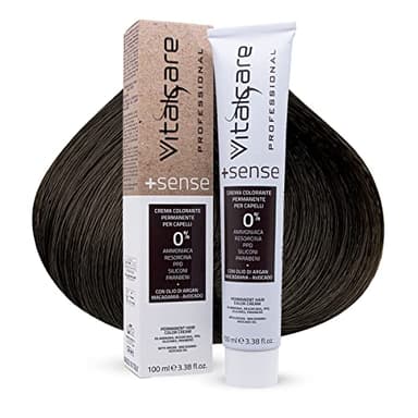 Vitalcare | +Sense - Color Permanente Profesional, Coloración en Crema, Sin Amoniaco, Resorcina, PPD, Siliconas - Con Argán, Macadamia y Aceite de Aguacate, 3/00 Castaño Oscuro, 100ml