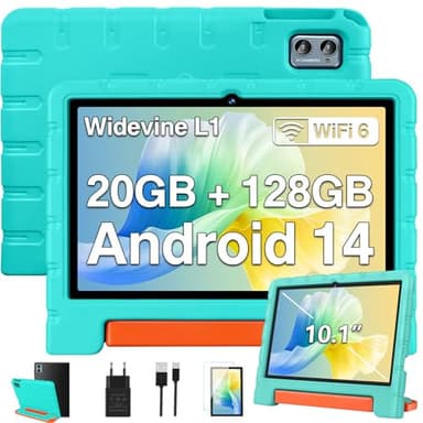 ZIOVO Tablet 10 Pulgadas Android 14, 20GB RAM+128GB ROM Tablet Familiar/Niños, Widevine L1,WiFi 6, 8 Cores, BT 5.0, 5MP+8MP, Kids Space con EVA Caso-Verde
