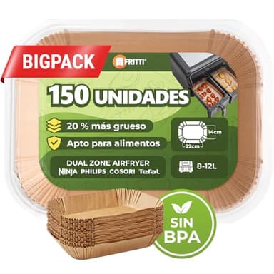 FRITTI Papel de horno para freidora de aire caliente, 150 unidades, certificado DEKRA 22 x 14 cm, rectangular, compatible con Dual Zone Airfryer Accesorios 8 – 12 L