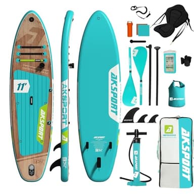 AKSPORT Tabla de surf hinchable de 11 pulgadas, tabla de surf hinchable con accesorios completos, diseño ancho y estable, tabla antideslizante 2 en 1 convertible de remo, kayak para remo, pesca