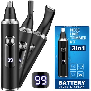 Cortapelos Nariz y Oreja, 3 en 1 Recortador Pelos Nariz, LED Batería Pantalla, Indoloro Quita Pelos Vello Facial, Corta Cejas, Bigote, Corpo, Hombre y Mujere, Cuchillas Doble Filo, USB-C, IPX7