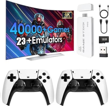 Consola para Videojuegos Retro, más de 40 000 Juegos y 23 emuladores, con Doble Mando inalámbrico 2.4G, Plug and Play 4K HD HDMI TV Game Stick White (128 GB)