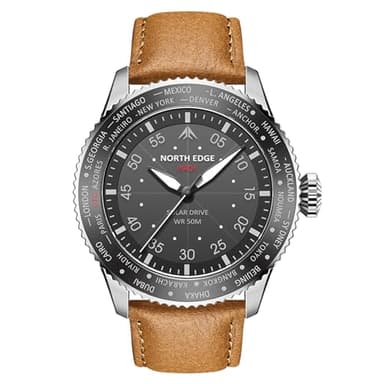 plplaaoo North Edge Mach Pilot Solar Watch para Hombres Visión Nocturna de cronógrafo Impermeable de 50 m Que Dura hasta 180 días Case de Acero Inoxidable de Acero Inoxidable TPR TPR TPR (Plata)