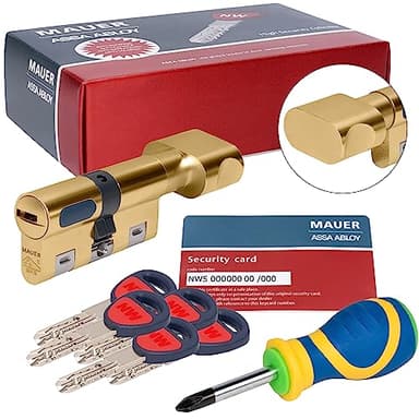 MAUER NW5 Bombin de Seguridad 31x31 Color Laton con Pomo + Destornillador, Cilindro Bombillo Reforzado Anti Impresioning Anti Rotura AntiBumping Anti-Taladro Leva Anti-Extracción Cerradura