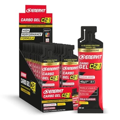 Enervit Carbo Gel C2:1PRO con Cafeína, Gel Energético con 40g Carbohidratos, Actividades de Alta Intensidad, +50% Carbohidratos Absorbidos, Sabor Cola, Sin Gluten, Alta Digestibilidad, 24 Pack de 60ml