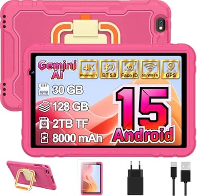 Android 15 Niños Tablet 10 Pulgadas Gemini AI, 30GB RAM+128GB ROM, Control Parental, 8000 mAh, 8-Core, 5MP+8MP, 5G Wifi6, Protective Antichoque Eva Estuche Protector + Soporte giratorio de 360°(Rosa)