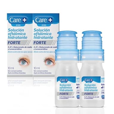 Care+, Solución Oftálmica Hidratante Forte, 0.4% Hialuronato de Sodio y L-Carnitina, Alivio Ojos Secos, Colirio Hidratante Compatible con Lentes de Contacto, 10 ml x 2 uds