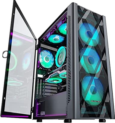 MUSETEX Caja PC ATX Pre-Instalado con 6 Ventiladores PWM ARGB, Caja Gaming Diamond Mesh, Puerta Abierta, Cristal Templado, Panel Lateral, Caja Mid-Tower, USB 3.0 x 2, Negro, NN8