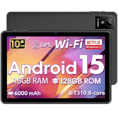 Tableta 10 Pulgadas Android 15, 18 GB RAM + 128 GB ROM 1 TB Expandible, Compatible con Widevine L1, Ocho núcleos, 2.4G+5G WiFi 5, BT 5.2, Batería de 6000 mAh, Google GMS, GPS, Cámara dual 5 MP+8 MP