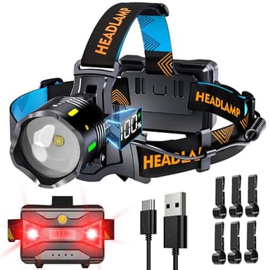 210000 Lux 12 Modos de Linterna Frontal Rojo Advertencia y Sensor, 95 Horas Linterna Cabeza de 125° Angle y Foco Ajustable, Linterna Frontal Led Recargable Impermeable IP65 para Camping Emergencia