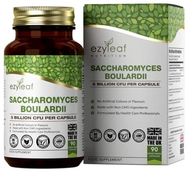 Ezyleaf Saccharomyces Boulardii [5 Mil Millones de UFC] | 90 Cápsulas Veganas | Suplemento Probiótico | Probiótico S Boulardii con Rellenos Limpios | Sin OMG, Gluten ni Alérgenos | Hecho en el RU